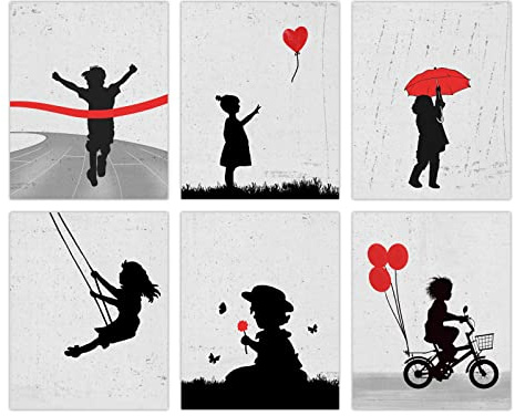 ORIGACH 6 lienzos Banksy para pared, 20x25 cm, decoración abstracta de graffiti para pared – Siempre hay esperanza – lienzo negro rojo y gris sin marco para niños, dormitorio, sala de estar