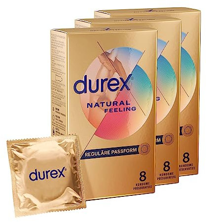 Durex Natural Feeling Kondome – Latexfreie Kondome aus Real-Feel-Material & mit anatomischer Easy-On-Form – 24 Stück (3er Pack)
