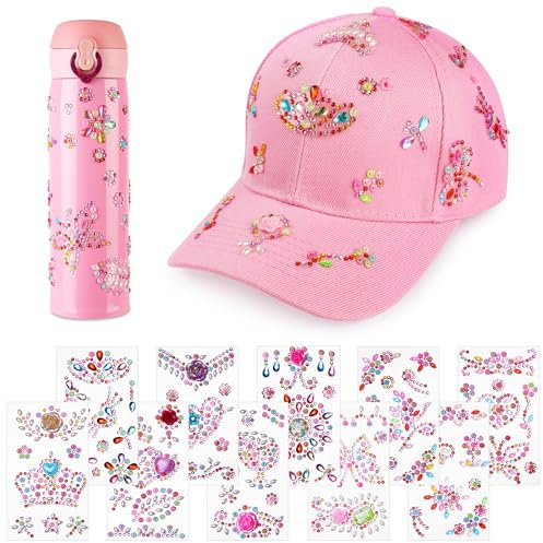 Aomig DIY Baseballkappe, Verstellbar Baseballkappe Kinder Mädchen mit 10 Pcs Glitzersteine Selbstklebend und Edelstahl Thermobecher, Baseball Cap Sonnenhut Geschenke für 4 5 6 7 8 9 10 11 Jahre（Rosa）