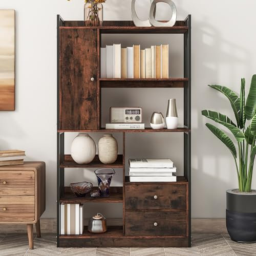 HAINEW Industrial Stil Bücherregal Standregal Regal mit 6 Ebenen, Büroregal Aufbewahrungsschrank mit Türen und 2 Schubladen für Wohnzimmer, Büro, Schlafzimmer, 100 x 30 x 173,5 cm (Braun)