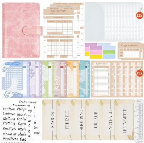 OFFCUP Budget Planner Deutsch, Budget Binder A6 Geld Organizer Budget Planer Finanzplaner Budgetplaner-Kit mit 12 Binder Taschen, 12 Budgetblätter, Herrscher, Etiketten und Aufkleber (Rosa)
