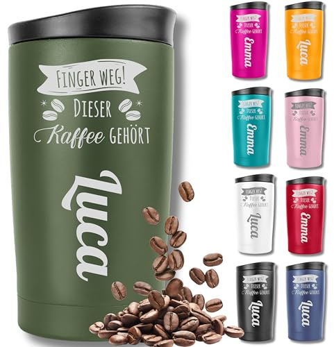KUINEA Thermobecher personalisiert [100% auslaufsicher] Kaffeebecher To Go personalisiert 350ml, Kaffeebecher mit Gravur, Coffee To Go Becher, grün
