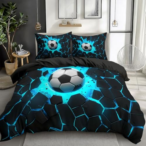 Set Housse de Couette 140 x 200 cm, Motif Un Mur De Football Cool Qui Brise, Parure de Linge de Lit pour 1 Personnes avec 2 Taies d'oreiller 65x65 cm, 100% Microfibre, Fermeture Éclair, Noir