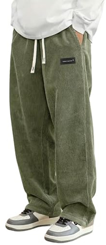 Hidkat Mens Corduroy Casual Pants Fashion Loose Fit Wide Leg Pants Straight Sweatpants Elastic Waist Drawstring Light Green