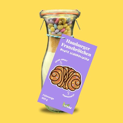 Hamburger Franzbrötchen Backmischung bunte Schokolinsen im Glas, vegan mit nachhaltigen und regionalen Zutaten