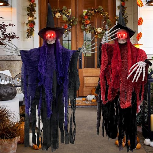 Purpledi 2 Esqueletos Fantasma Tenebrosos Colgantes 105 cm, Decoración de Halloween Horror, Morado + Rojo Grim Reaper Ghost, Fiestas de Halloween Accesorio, Decoración de Terror para Hallowee (A)