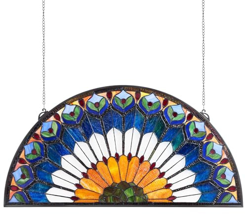VEVOR Stained Glass Window Panel, 36 x 18 in, Tiffany Style Hanging Transom Window Panel with Chain, Large Half-Round Stain Glass Hanging, Vintage Traditional Art Handcrafts for Kitchen Home Decor