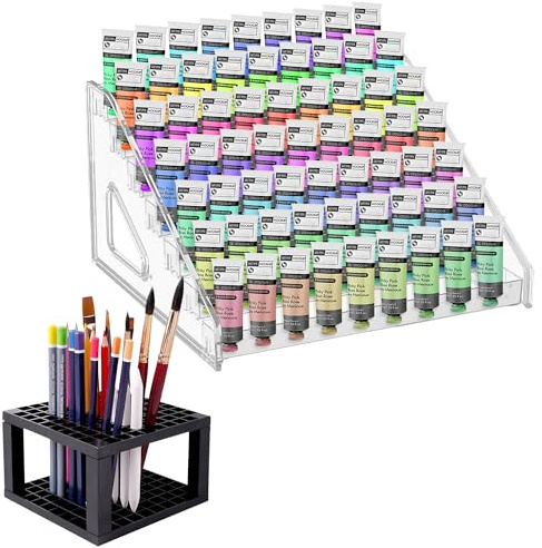 Simaixing Organizador de pintura en miniatura de 7 capas con soporte para pinceles, organizador de pintura transparente y almacenamiento, soporte para bolígrafos de manualidades para tubo, botella de