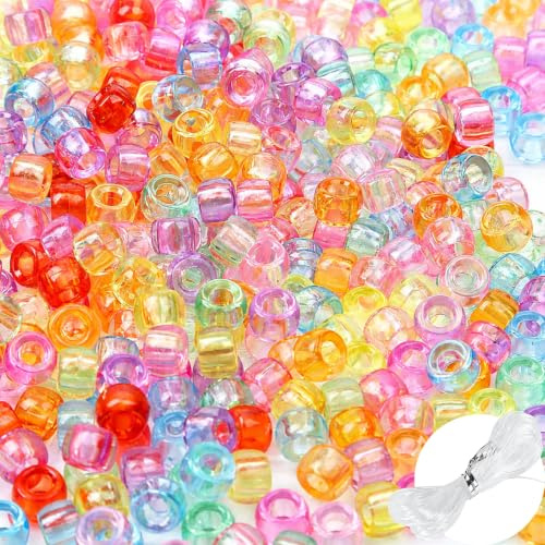 Baiinjiene 1000 Pony Perlen 6x9mm Kandi Beads Acrylperlen Großes Loch | 1000+ transparente Pony Perlen, 6x9 mm mit 3,5 mm Loch, ideal zum Auffädeln für Armbänder, Ketten und Schlüsselanhänger.