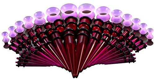 ELEOPTION 50Pcs Ear Stretcher Kit, Body Piercing Jewelry, Purple, 1.6mm-12mm, 42 Pieces: Acrylic Tapers & Plugs with O-Rings, Silicone Flared Tunnels