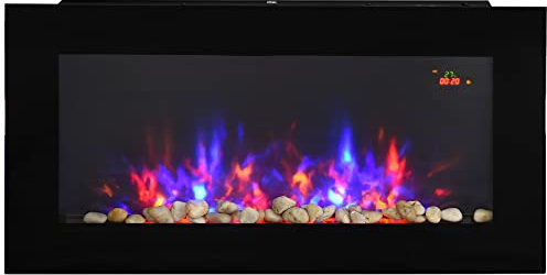 HOMCOM LED Wall Mounted Fireplace Curved Glass Electric Fire Place for Living Room, 1000W/2000W, 48H x 90.8W x 11.5Dcm, Black