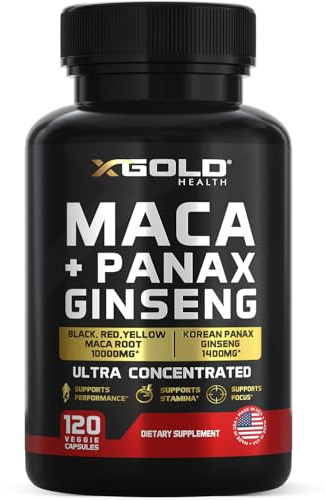 Maca Root Capsules 20:1 Extract + Korean Panax Ginseng10:1 Extract - 20x Concentrated Black + Red + Yellow Maca Root, 10x Concentrated Panax Ginseng Capsules - Ultra Potent & Highly Purified