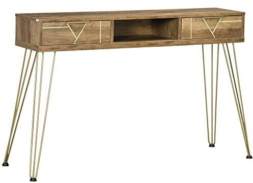HOMCOM Tavolo Consolle in Truciolato e Acciaio per Ingresso e Soggiorno con Piano d'Appoggio, Ripiano Aperto e 2 Cassetti, 120x29x79 cm, Bronzo