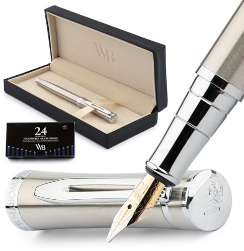 Wordsworth & Black Füllfederhalter-set, Breite Feder, Inklusive 24 Tintenpatronen, Tintennachfüllkonverter Und Geschenkbox, Chrom-finish, Kalligraphie [Silberchrom]