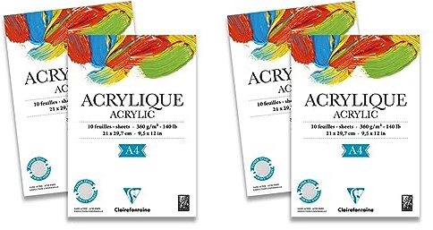 Clairefontaine 96308C Acrylique Acrylpapier Block (verleimt, 10 Blätter, 360 g, speziell für Acrylfarben und Gouache geeignet, DIN A4, 21 x 29,7 cm) weiß (Packung mit 2)