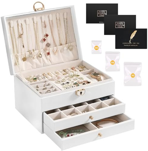 SAMISO Schmuckkästchen 3 Ebenen,Schmuckkasten mit abschließbar,Jewelry Organizer Reisen für Ringe,Ohrringe, HalsketteSchmuckaufbewahrung für Reisen, modern,Geschenkidee,klassikweiß