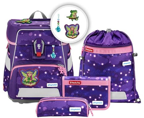 Step by Step Schulranzen-Set SPACE Playmobil „Ayuma Leavi“ 5-teilig, ergonomischer Tornister, höhenverstellbar mit Hüftgurt, Grundschule, ab der 1. Klasse, 20L, lila-pink, Ayuma-Design