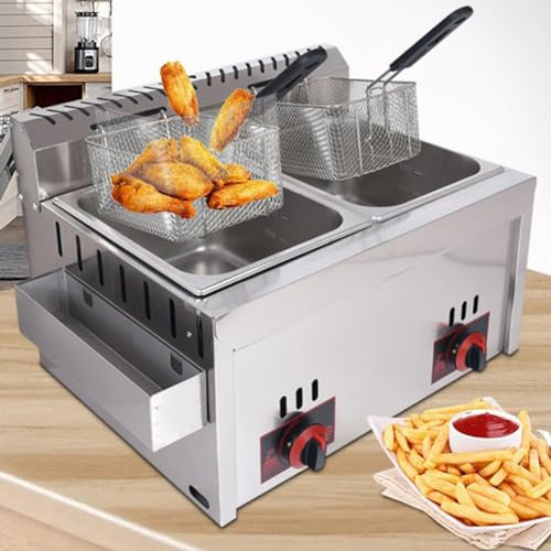 Friteuse à Gaz Professionnelle, Friteuse Professionnelle, Friteuse 10Lx2 avec Double Couvercle Thermostat de Sécurité Friteuse,pour Frites Commerciales en Restaurant Familial