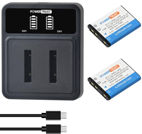 PowerTrust 2Pcs Akku und Ladegerät für Olympus Li-40B Li-42B FE-20 FE-330 D-720 Nikon EN-EL10 Fuji NP-45 Pentax D-Li63 Kodak Klic-7006 Casio NP-80