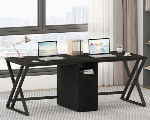 LVB Schwarz Large Double Industrial Computer-Schreibtisch mit Schubladen, Extra Lange Gaming-Tabelle mit Lagerung Schrank Regale, Holz-Metall-Computer-Schreibtisch