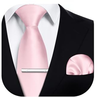 HISDERN Mens Ties Set 3.4 Baby Pink Tie and Pocket Square with Clip on Necktie Hankerchief Solid Color Wedding Business Formal Neckties Set for Men