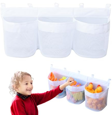 quiodok Badewannenspielzeug Aufbewahrung 3 Fächer Badewannennetz mit 5 STK Häkchen Weiß Badespielzeug Aufbewahrung Badewannenspielzeug Aufbewahrungstasche hängeorganizer Tasche für Kinder
