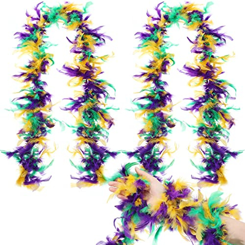Mardi Gras Federboa 2 Stück 2 Stück 200 cm lange Federboa Kinder für Karneval Thema Büro Dekor Kostüm Hochzeit Party Dekoration DIY Handwerk, Gelb, Grün, Lila, 40 g
