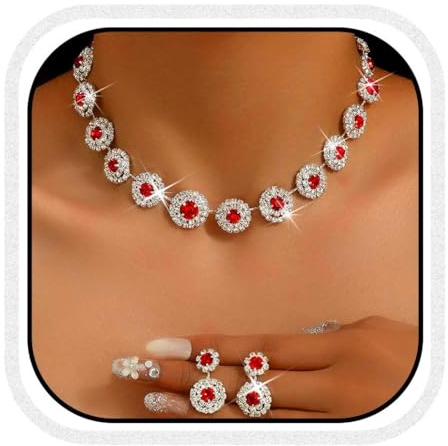Unicra Juego de joyas de boda en plata con strass, collar de cuello redondo y pendientes, conjunto de fiesta de graduación formal, juego de joyas de cristal para mujeres y novias, talla única, Acero