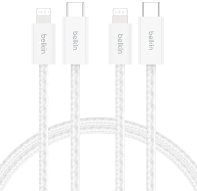 Belkin 2-Pack Braided USB-C Cable with Lightning Connector 5ft - Soft, Flexible Fast-Charging Cable, Lightning Charger Cord for iPhone 14 & Earlier Series, iPad 9th Gen, & AirPods - White