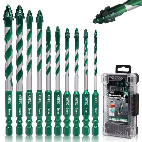 Lot de 10 forets excentriques à dents de scie à quatre tranchants avec cobalt, foret à pierre 3-12 mm, tige hexagonale de 6,3 mm, foret en carbure pour céramique, carrelage, métal, béton, verre vert