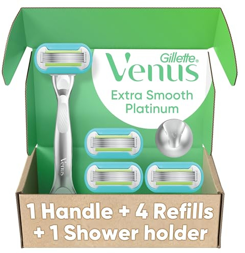 Gillette Venus Extra Smooth Razor for Women, Includes 1 Reusable Razor Handle + 4 count 5-Bladed Razor Refills, Women's Razor with Durable Metal Handle and Shower Holder