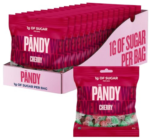 Pändy Zuckerfreie Cherry Süßigkeiten Gummibärchen, 1g Zucker, 14x 50g | Süße Kirsche mit saurem Twist. Zuckerfreie Gummibärchen, glutenfrei, laktosefrei, nur 70 Kalorien pro Beutel.