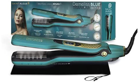 Demeliss Lisseur Vapeur Professionnel Titanium Blue - Plaques Lissage Titane - Réservoir XL 40ml - Température Réglable - Peigne Amovible - Tous Types de Cheveux, Brillance - Vapeur Homogène