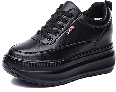 AONEGOLD Scarpe da Ginnastica con Zeppa Donna Scarpe Sportive Casual alla Moda Respirabile Pelle Casual Sneakers Tacco Zeppa 8CM Alte Platform Sneaker(Nero,34EU)