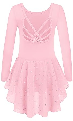 Arshiner Girls Ballet Dress Long Sleeve Kids Dance Costume Backless Cotton | Ballet Leotard,Criss Cross Back,Crew Neck,Ballerina Suit,with Tutu,2-10 Years