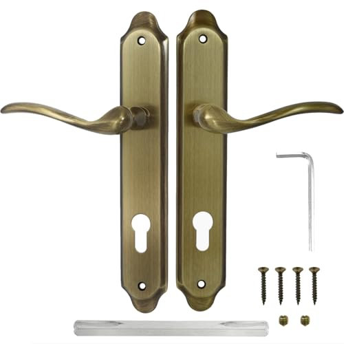 ALSTEN TECH Langschild Drückergarnitur 92 PZ - Profilzylinder Türgriff Türklinke aus Messing Beidseitige Federunterstützung Inbusklemmung Hochwertiger Türbeschlag Ausführung Patina - Altgold