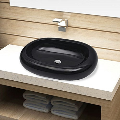 ShGaxin Lavabo, Lavabo sobre Encimera, Lavabo Baño, Muebles De Baño, Mueble Lavabo, de cerámica Negro Ovalado