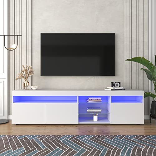 Meuble TV Moderne avec 3 Portes et Compartiment de Rangement Ouvert Meuble TV 180cm de Long Panneau Lumineux Meubles TV Éclairage LED Variable Lowboard pour Salon Salle à Manger Blanc