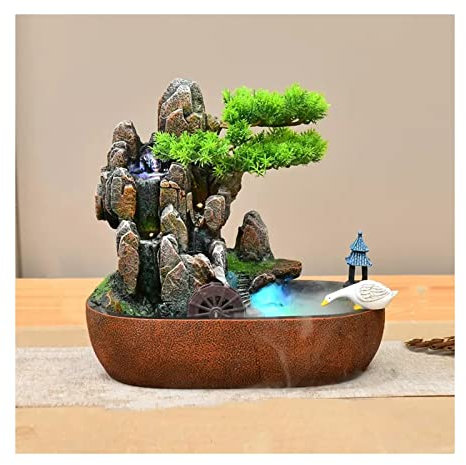 QYZUJIKL Tischbrunnen, Tischbrunnen Für Den Innenbereich, Wasserbrunnen Aus Kunstharz, Künstliche Bonsai-Bäume Und Steinberge, Entspannungs-Wasserfallbrunnen, Zimmerbrunnen Für Die Inn-One Color-S