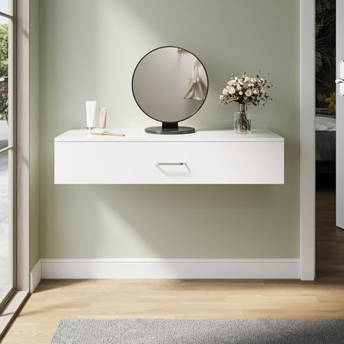 ZANOFIRA Wall Mounted Dressing Table with Large Storage Drawer, White High-Gloss Floating Vanity Makeup Desk, Nightstand for Bedroom, Hallway, Office, 100W x 38D x 20Hcm