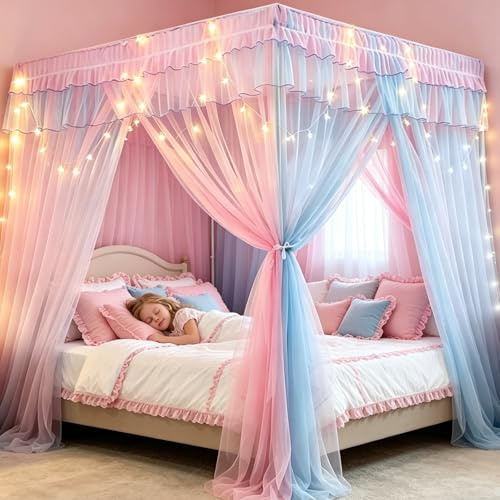 YOUYIKE Zanzariera Letto Bambina, 200x150x200cm Rosa Letto da Principessa 4 Porte Mosquito Net con LED, Mosquito Net Double O Single Bed per Decorazione Camera