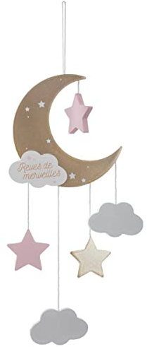 Kinder-Hängeleuchte Mond - Holz und Baumwolle - rosa - H46-5 cm - Rosa - Atmosphera créateur d'intérieur