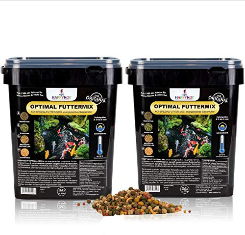 HAPPYKOI® Optimal Mix 20,6 Liter | Spezial Koi Fisch Futter schwimmend - Teich Zierfisch Futtermix für ausgewogenes Wachstum & Farbenpracht mit Spirulina & Gammarus - Pellet Ø3-6 mm