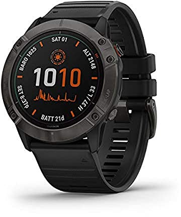 Garmin fenix 6X Pro Solar, Premium Multisport GPS Watch with Solar Charging, Features Mapping, Music, Grade-Adjusted Pace Guidance and Pulse Ox Sensors, Dark Gray with Black Band