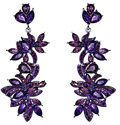 EVER FAITH Boucles d'oreilles Pendantes Cristal Strass Émail Floral Plomb Lustre Art Déco Style Vintage Violet Ton d'argent