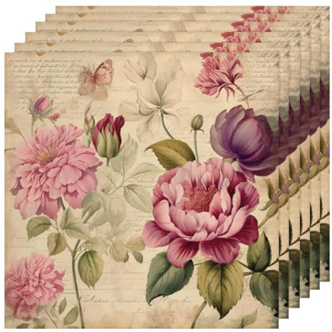 Stoffservietten mit Vintage-Blumenmotiv, 6er-Set, Polyestergewebe, waschbar, Urlaubs-Stoffservietten, wiederverwendbar, dekorative Alltagsservietten für Esszimmer, Veranstaltungen, Hochzeit, 50,8 x