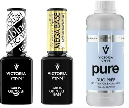 Victoria Vynn Gel Polish Set – Mega Base Clear, Top Unblue No Wipe & Pure Duo Prep, perfetto per unghie in gel, durevole e lucido