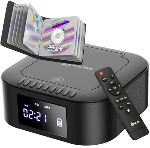 KLIM Boombox E1 avec Pochette CD - Poste Radio CD Portable - Extra Bass avec Subwoofer - Radio FM, Bluetooth, USB, Bluetooth, MP3 - Mode Filaire et sans Fil avec Piles Rechargeables - Télécommande