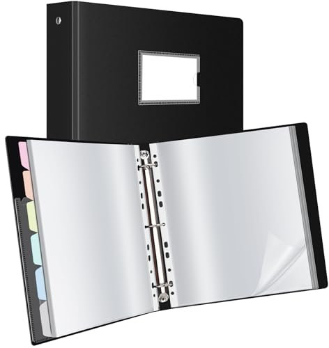 Uquelic Präsentationsbuch, Ringbücher mit 50 klarsichthüllen A4 glasklar (50 Mikron) und 6 Macaron-Farbe PP-Trennblättern, Ordner Organizer für Dokumente, Urkunden, Portfolio, Schwarz