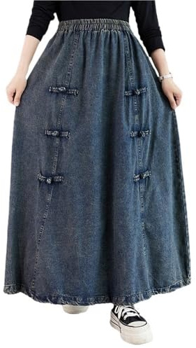 GHAKKE Gonna In Denim Con Fibbia In Stile Cinese Vintage Da Donna Gonna Lunga In Jeans Ampia E Ampia, A Vita Alta, Elastica E Casual(L)